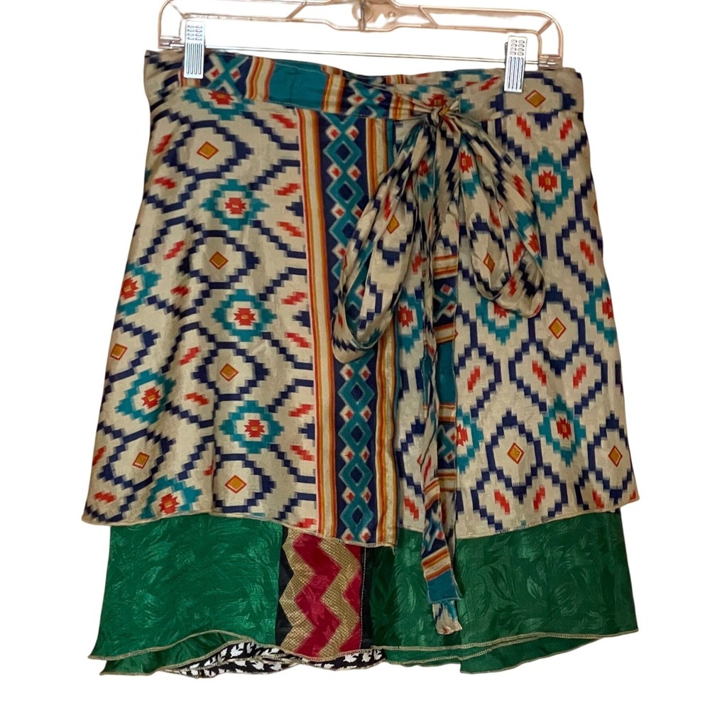 Sustainable Upcycled Silk Sari Wrap Skirt Adjustable Festival Boho Mini 08-20